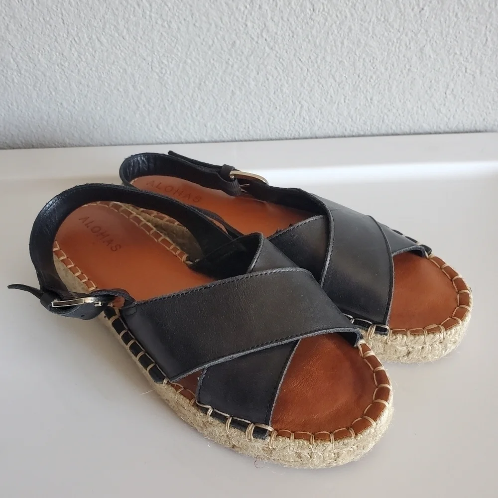 Alohas Crossed Black Leather Espadrilles Sandals Platform Made in Spain Size 36